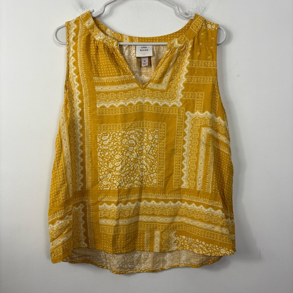 Knox Rose Yellow Sleeveless Top Womens M Earth Tone Boxy Fit Boho Hippie Pattern